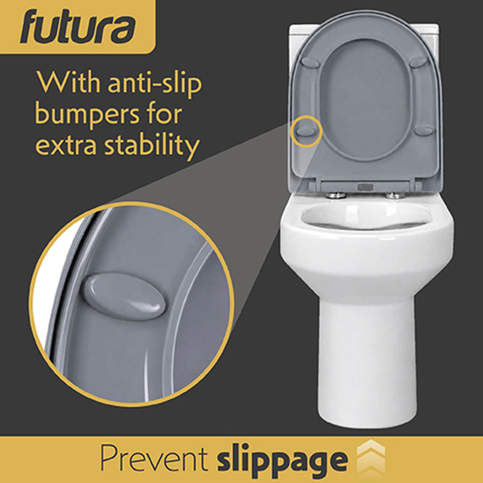 Toilet Seat Soft Close D Shape, Premium Thermoplastic, Quick Release, Top & Bottom Fixings | Grey