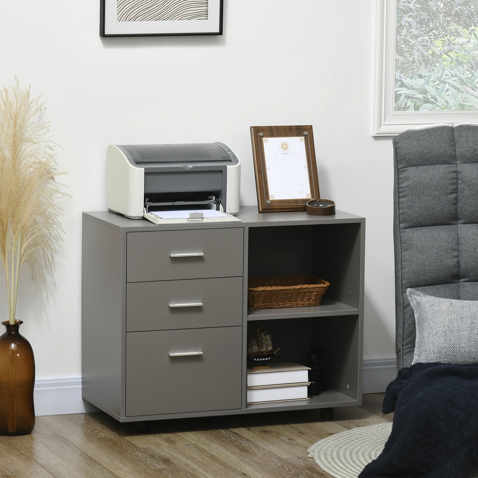 Freestanding Storage Cabinet W/ 3 Drawers 2 Shelves 4 Wheels | One Size | Gray