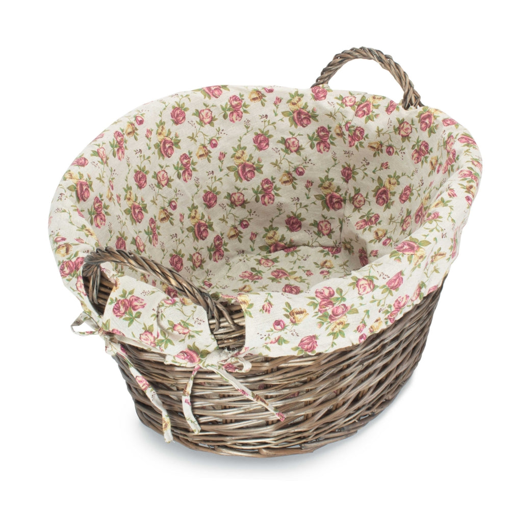 Wicker Antique Wash Finish Lined Wash Basket With Garden Rose Lining | Pink