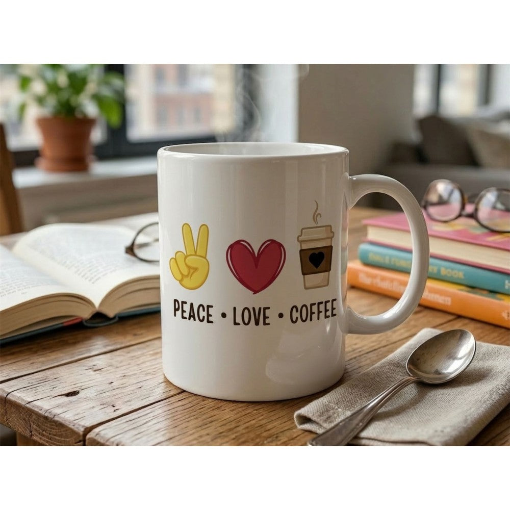 Dyzi Peace Love Coffee Quote Ceramic Coffee Mug White