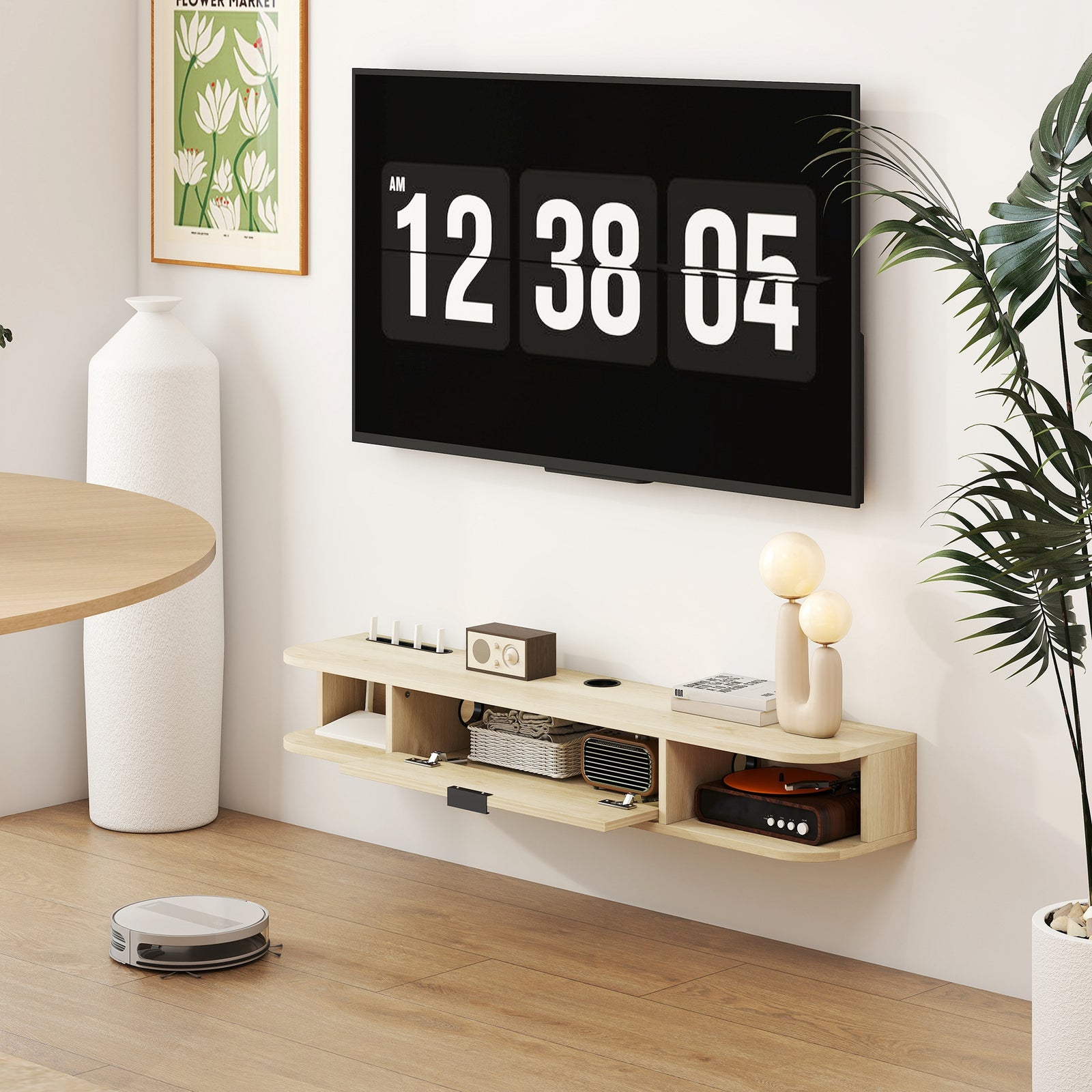120 Cm Floating Tv Unit With Flip Drawer And Shelves | Natural