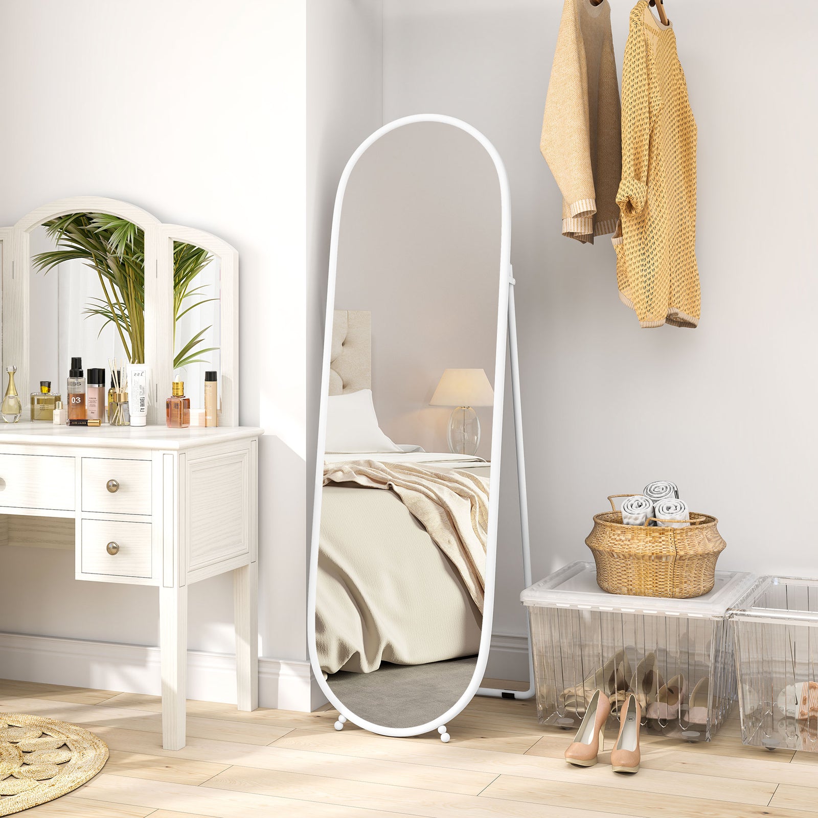Oval Full Length Mirror With Metal Frame Hanging Or Leaning | One Size | White