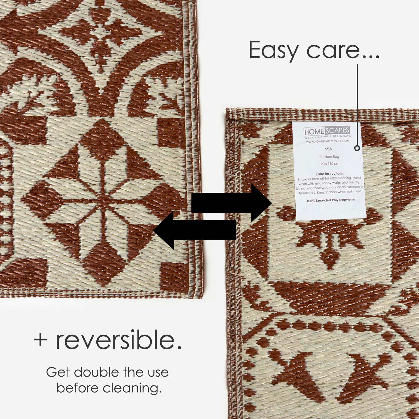Luxury Outdoor Rug Waterproof Reversible For Garden Patio, Brown Tile Mosaic