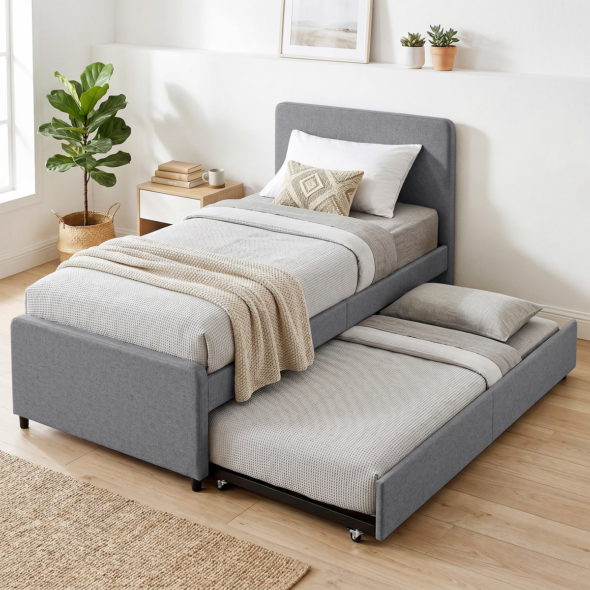 90 X 190 Cm Upholstered Single Bed, Pull Out Trundle Bed | Dark Grey