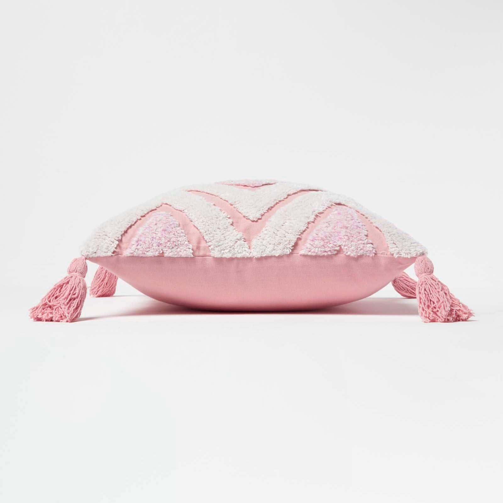 Geometric Ikat Tufted Cotton Cushion With Tassels | 45cm x 45cm | Pink & White