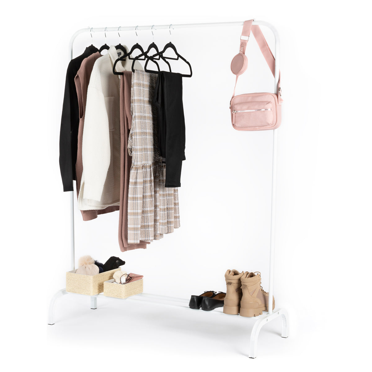 Livivo Clothes Rail White Powder Coated Iron Frame Bedroom Storage Rack