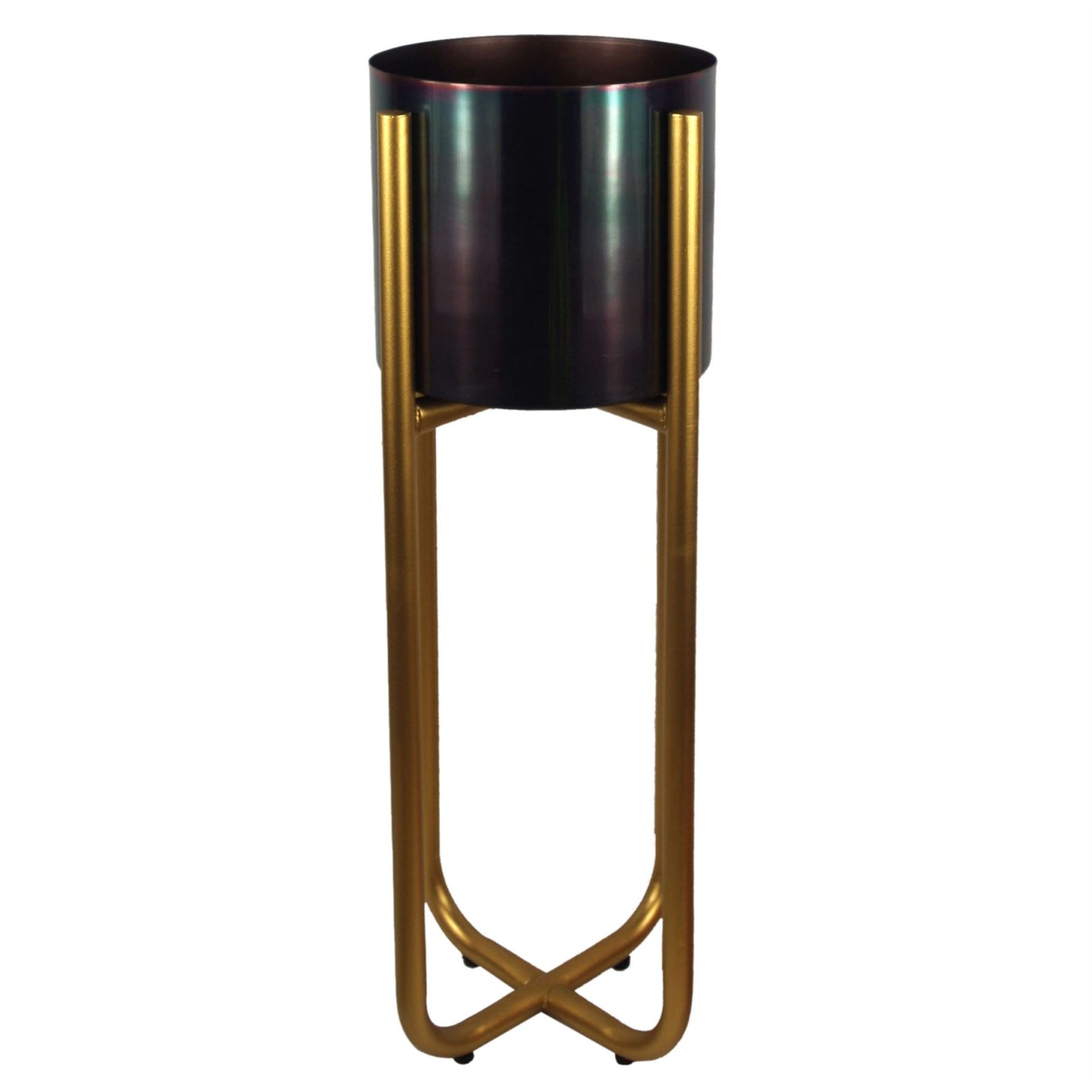 Tall Gold Stand With Iridescent Rainbow Metal Planter 62cm X 18cm