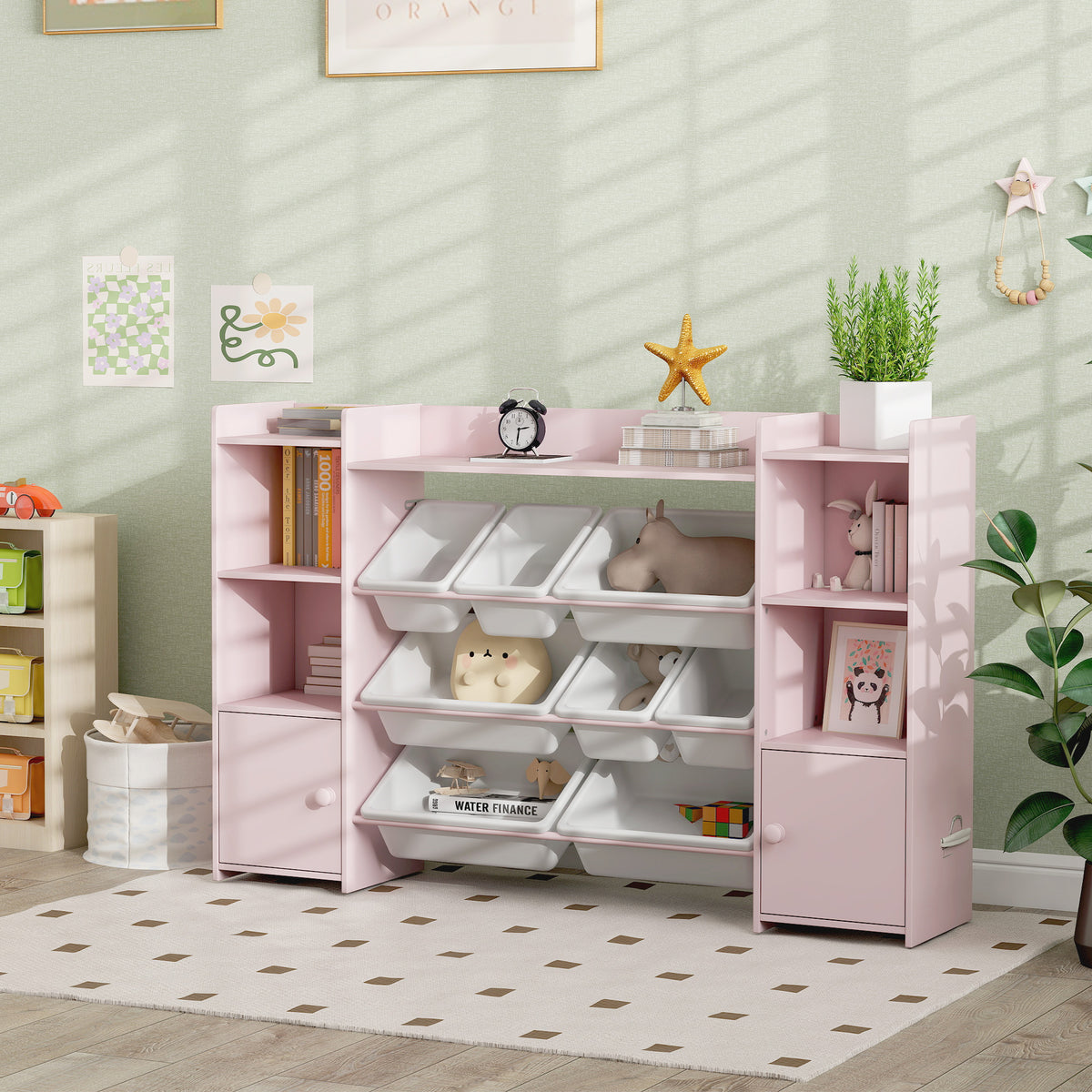 AIYAPLAY Kids Toy Storage Organiser With 8 Removable Storage Bins, Pink