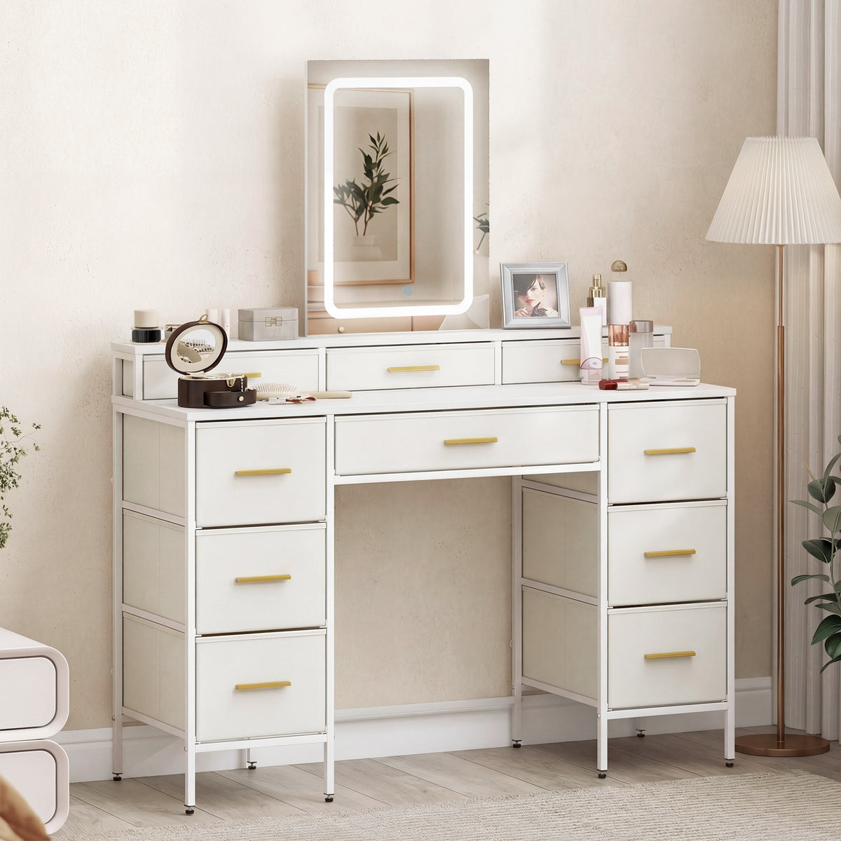 HOMCOM Dressing Table With Led Lighting Mirror And 10 Drawers, White