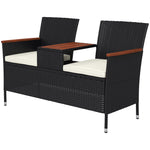 Rattan Garden Bench W/ Wood Top Table, Chair, Cushions | Black