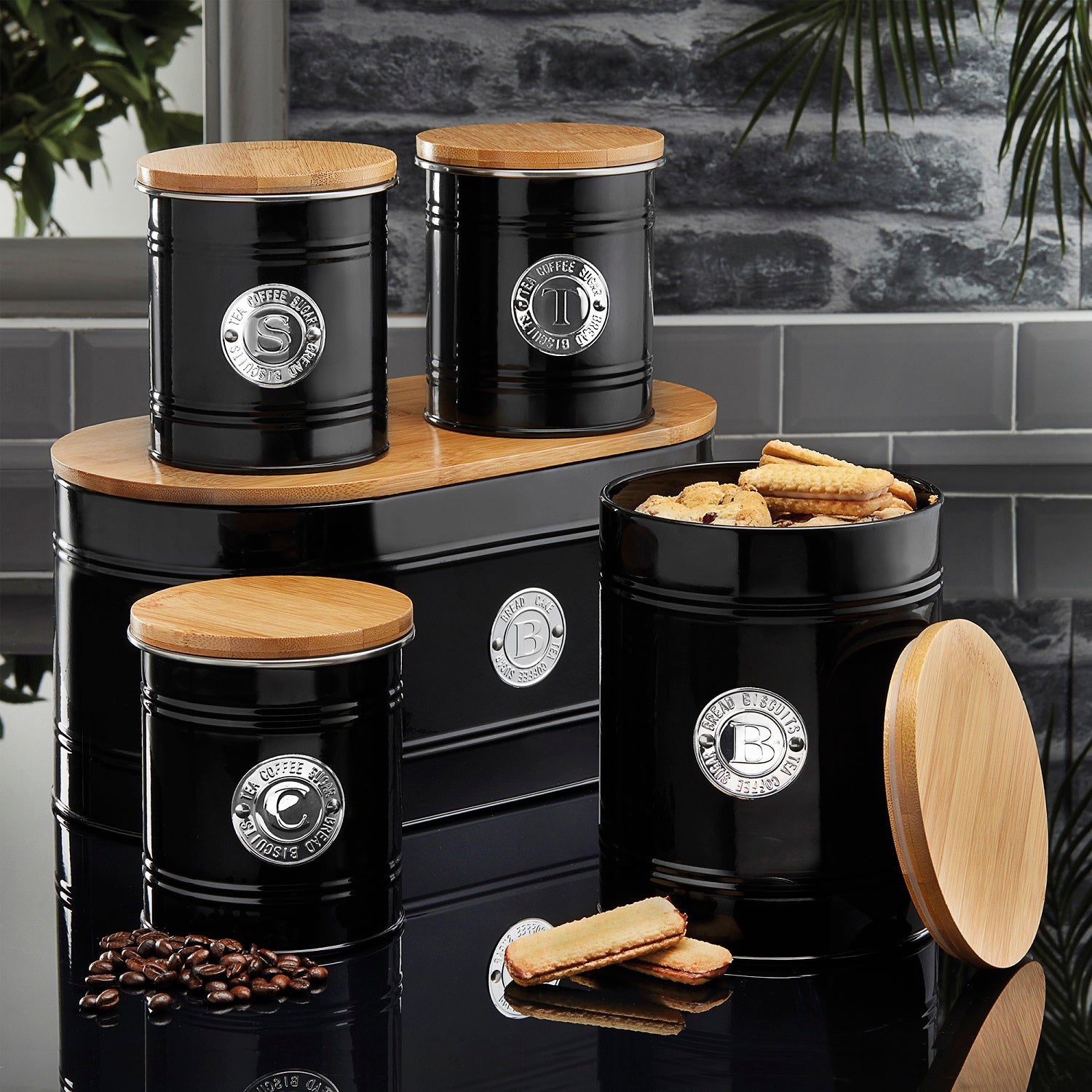Kitchen Storage Set 5 Piece With Bamboo Lids   Black