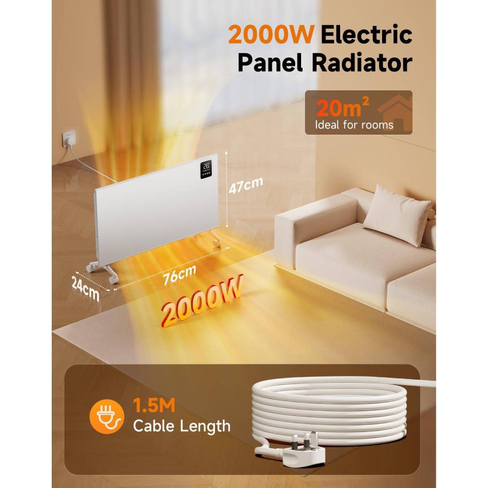 1000w/1500w/2000w Convection Heater With Wifi App & Voice Control, 3 Modes, 24h/7d Timer, Remote Control, Child Lock, Wall Mounted Or Freestanding | Large