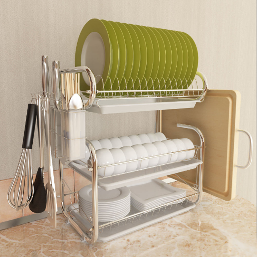 Kitchen 3-tier Dish Drainer Storage Stand Bowl Plate Dryer Tray White