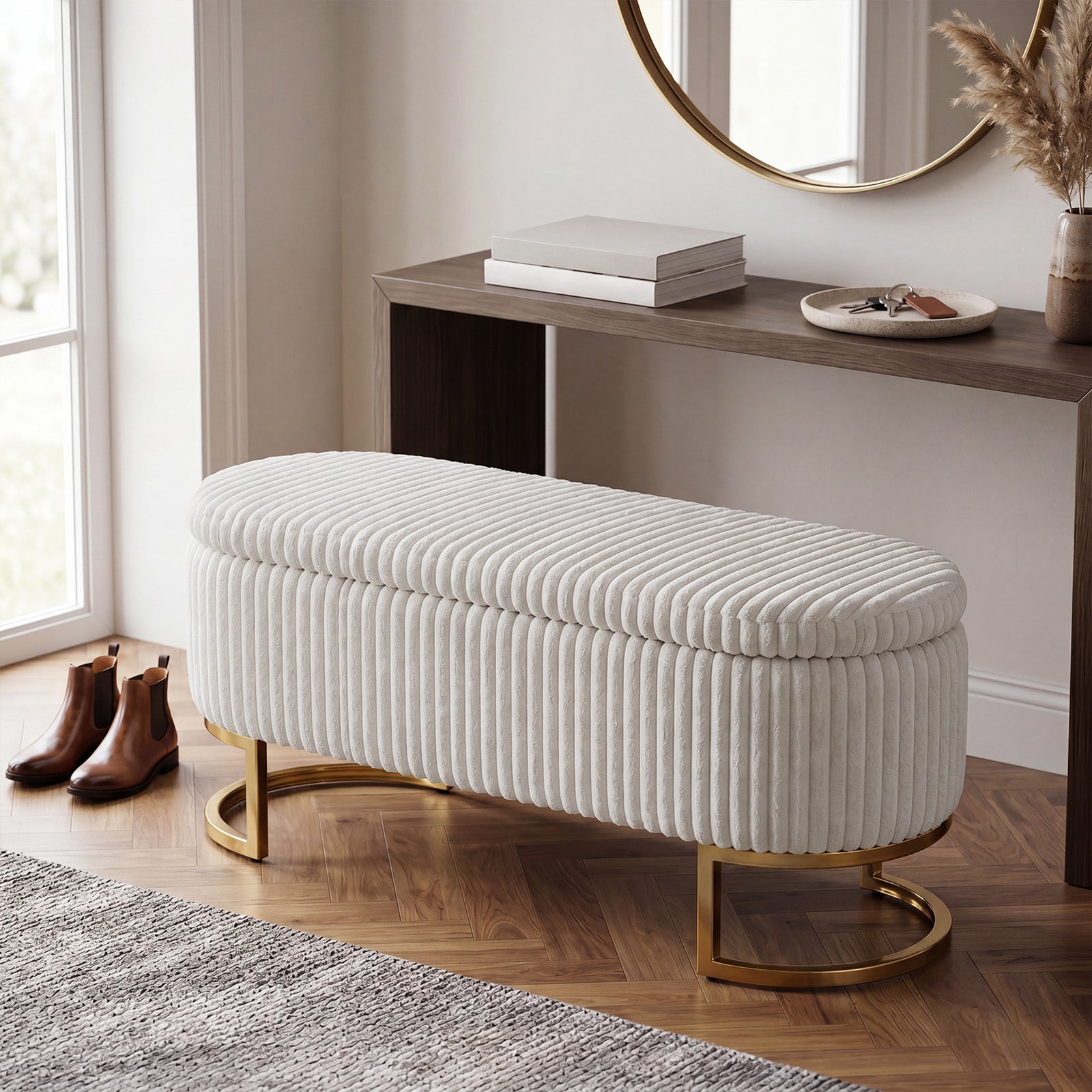 Corduroy Upholstered Storage Bench | White