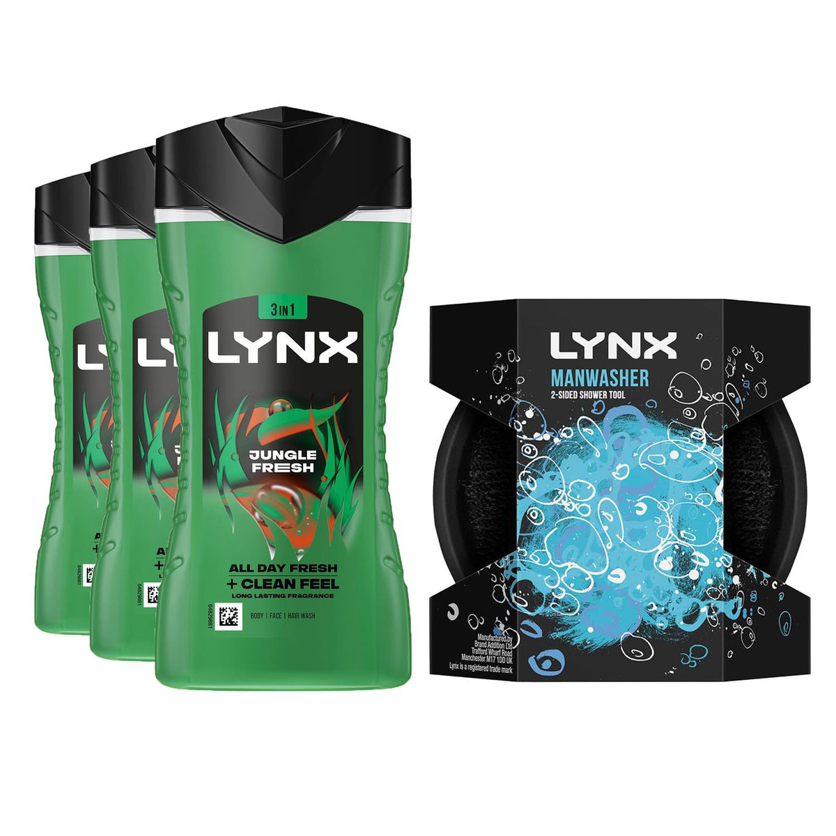 Shower Gel Jungle Fresh 225ml With Lynx Manwasher 2-sided Shower Tool | Set of 3