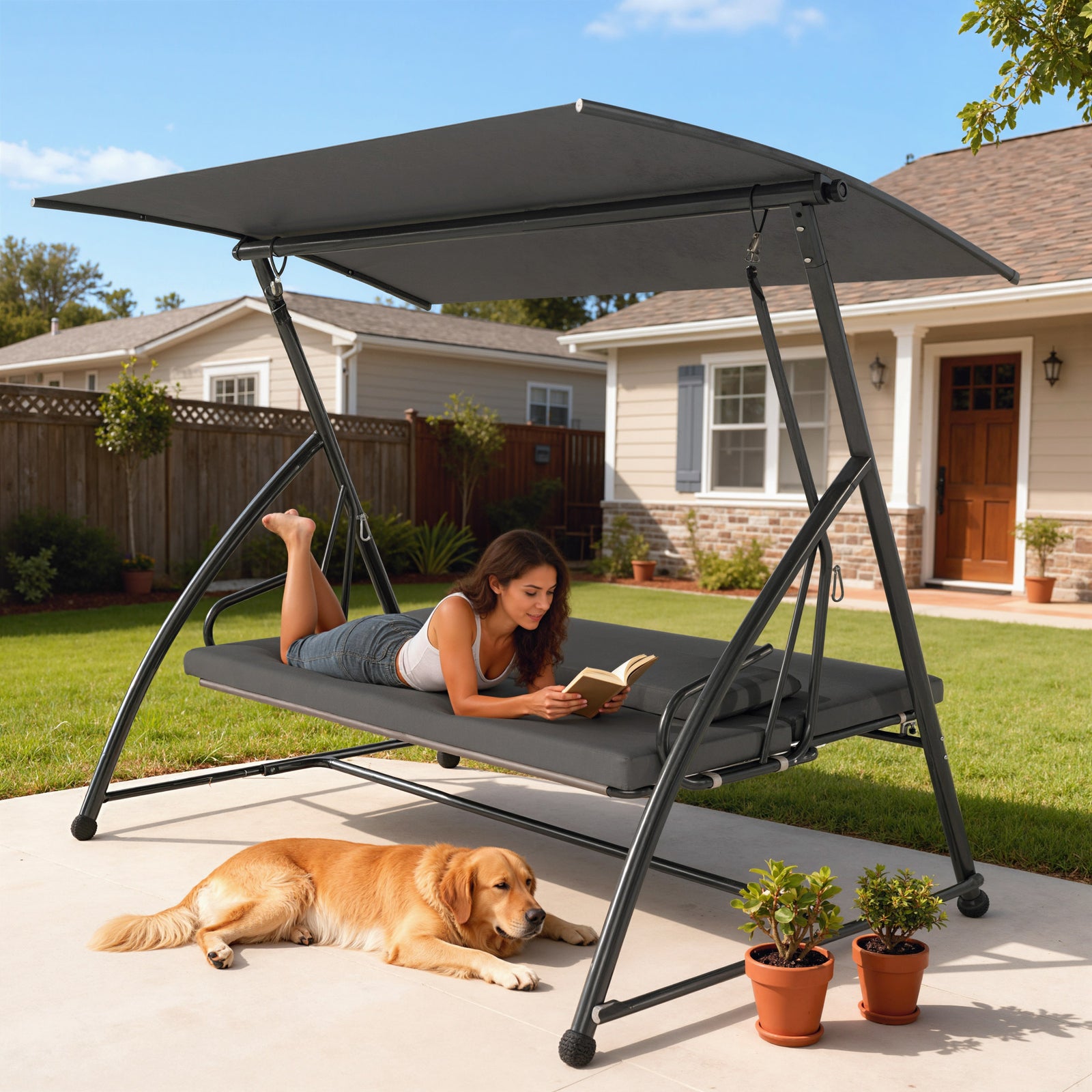 Outsunny 2-in-1 Swing Chair 3 Seater Hammock Cushion Bed Tilt Canopy Grey