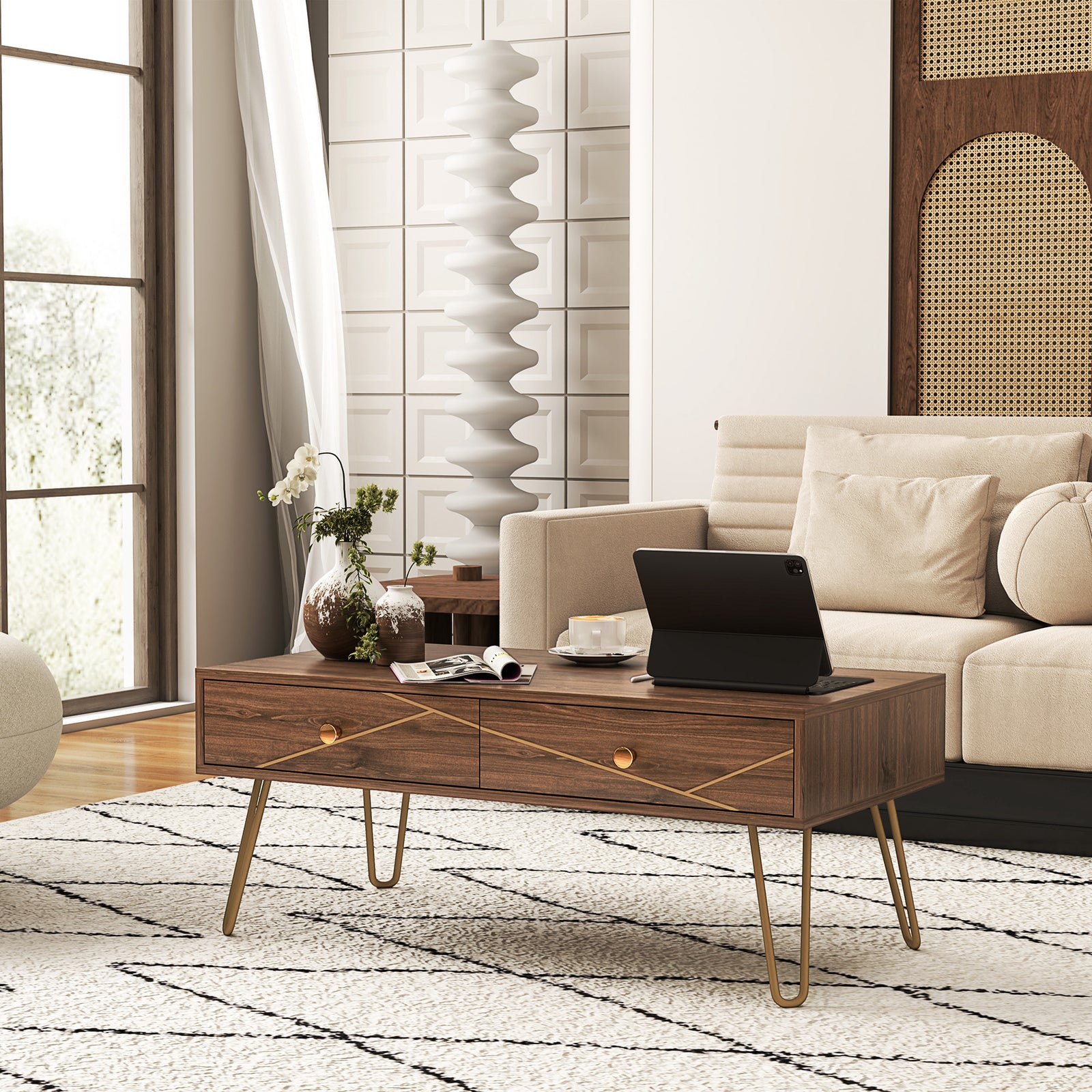 Coffee Table With Drawers And Steel Base