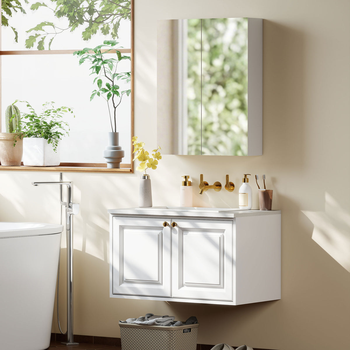 HOMCOM Wall Mounted Bathroom Mirror Storage Cabinet W/ Door Adjustable Shelf