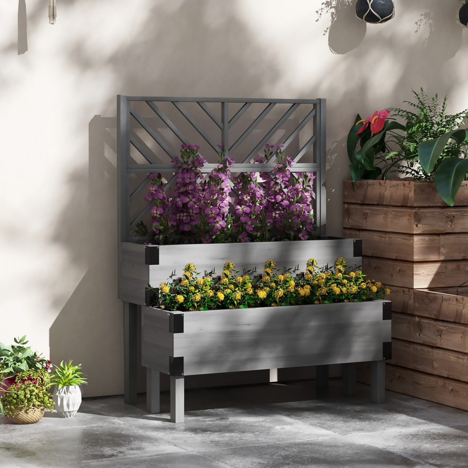 2-tier Wooden Raised Bed With Trellis, Garden Planter
