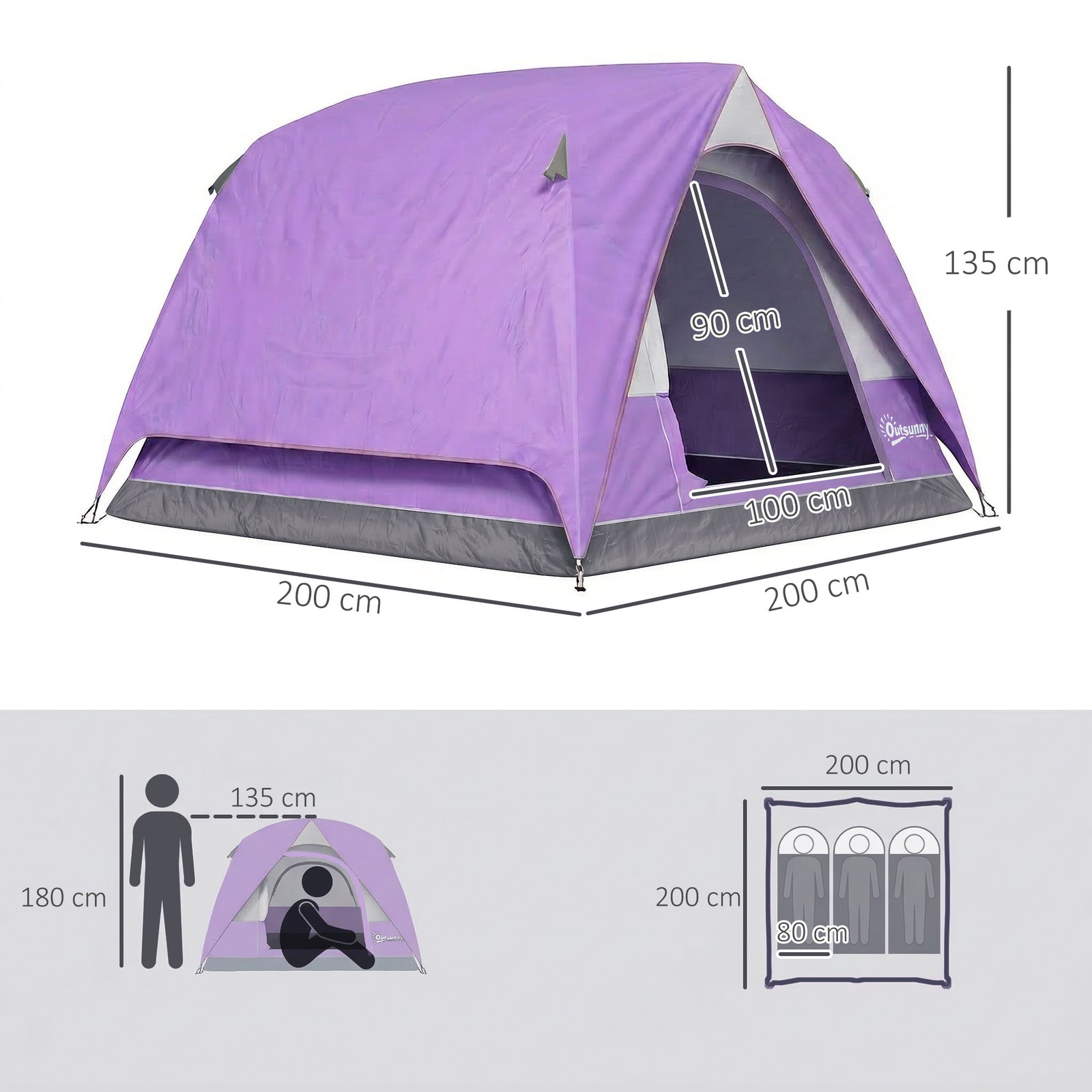 3-4 Person Camping Tent, Waterproof Tent | Purple