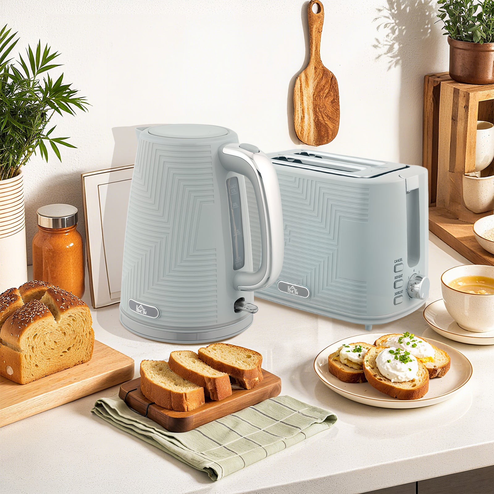 1.7l 3000w Rapid Boil Kettle And 2 Slice Toaster Set Crumb Tray | Grey