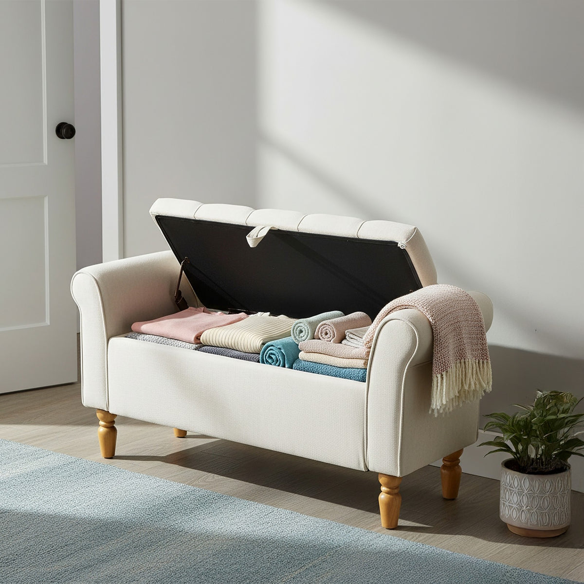 Breeins Linen Upholstered Storage Bench With Armrests