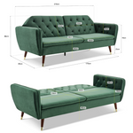 Velvet Click Clack Button Back Sofa Bed - 3 Seater | Green