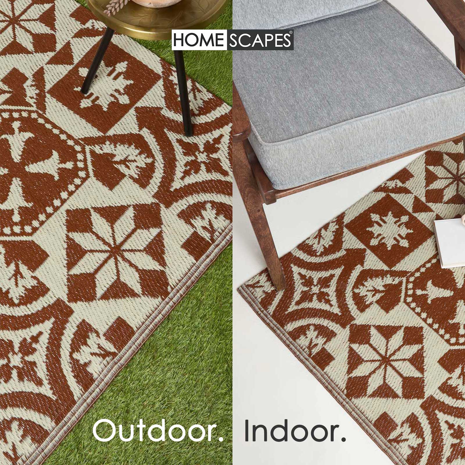 Luxury Outdoor Rug Waterproof Reversible For Garden Patio, Brown Tile Mosaic