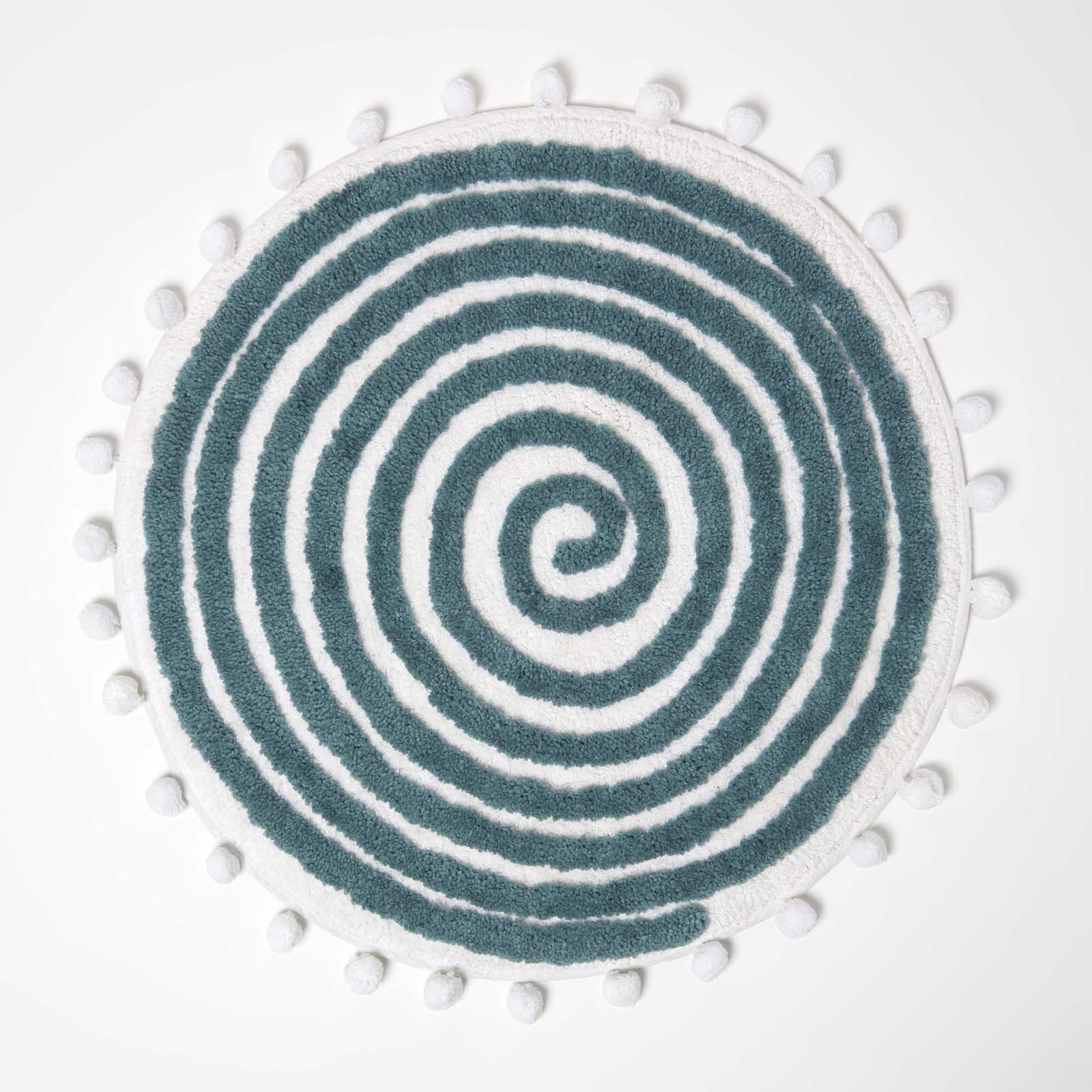 Spiral Cotton Round Bath Mat With Pom Pom Edges | 60cm | Teal