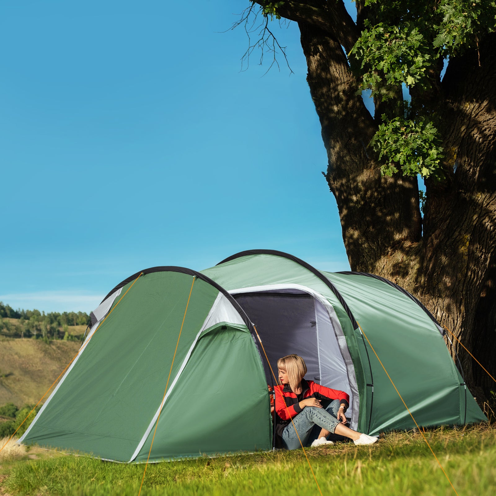 3 Man Camping Tent 2 Rooms Porch Vents Weather-resistant | Green