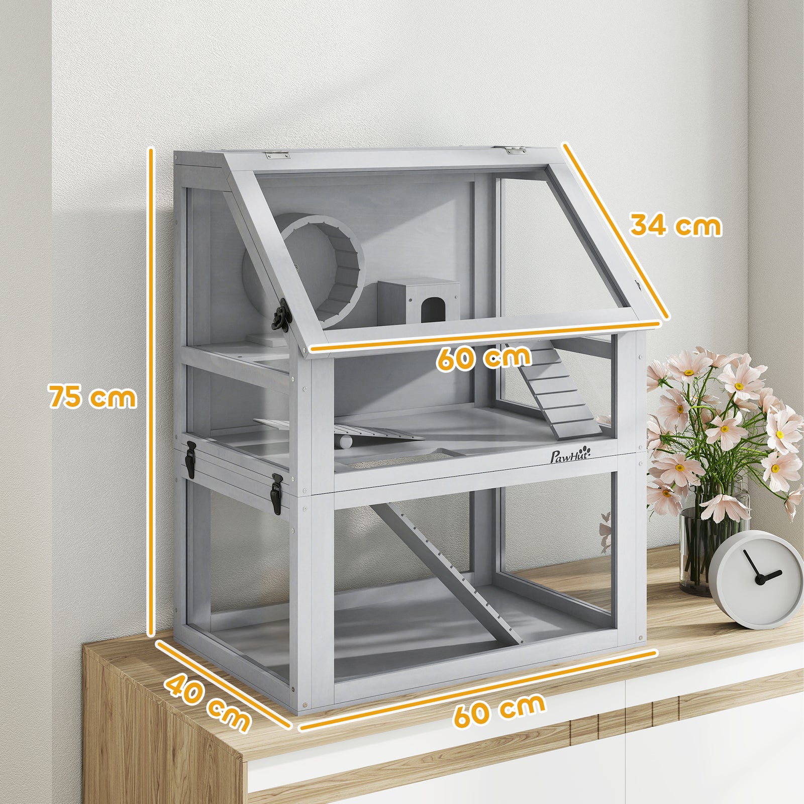 Wooden Hamster Cage W/ Detachable Bottom, Hut, Seesaw, Light Grey