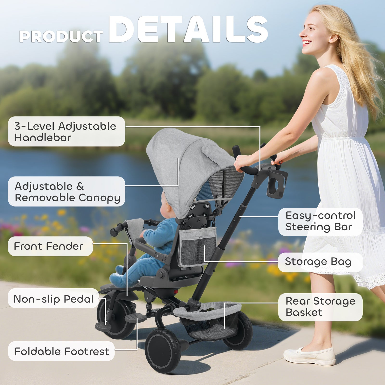 6 In 1 Kids Trike, Toddler Tricycle With Parent Handle | Grey