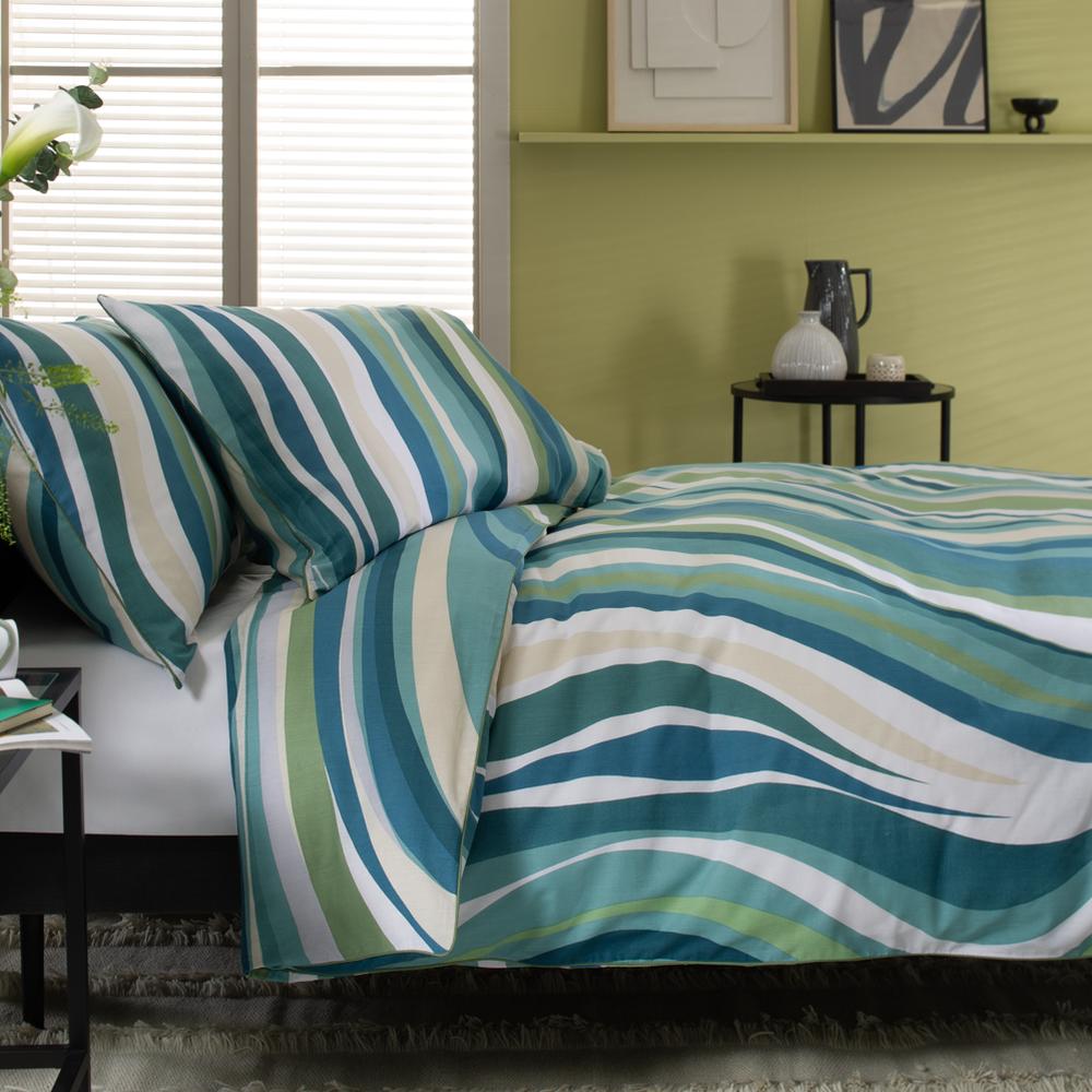 Smith Wave Cotton Green Printed Piped Reversible Duvet Set | Super King | Green