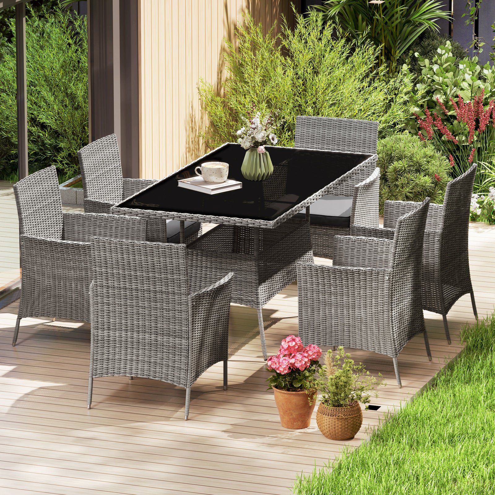 Rattan Dining Set For 6 With Cushions, Glass Top Table