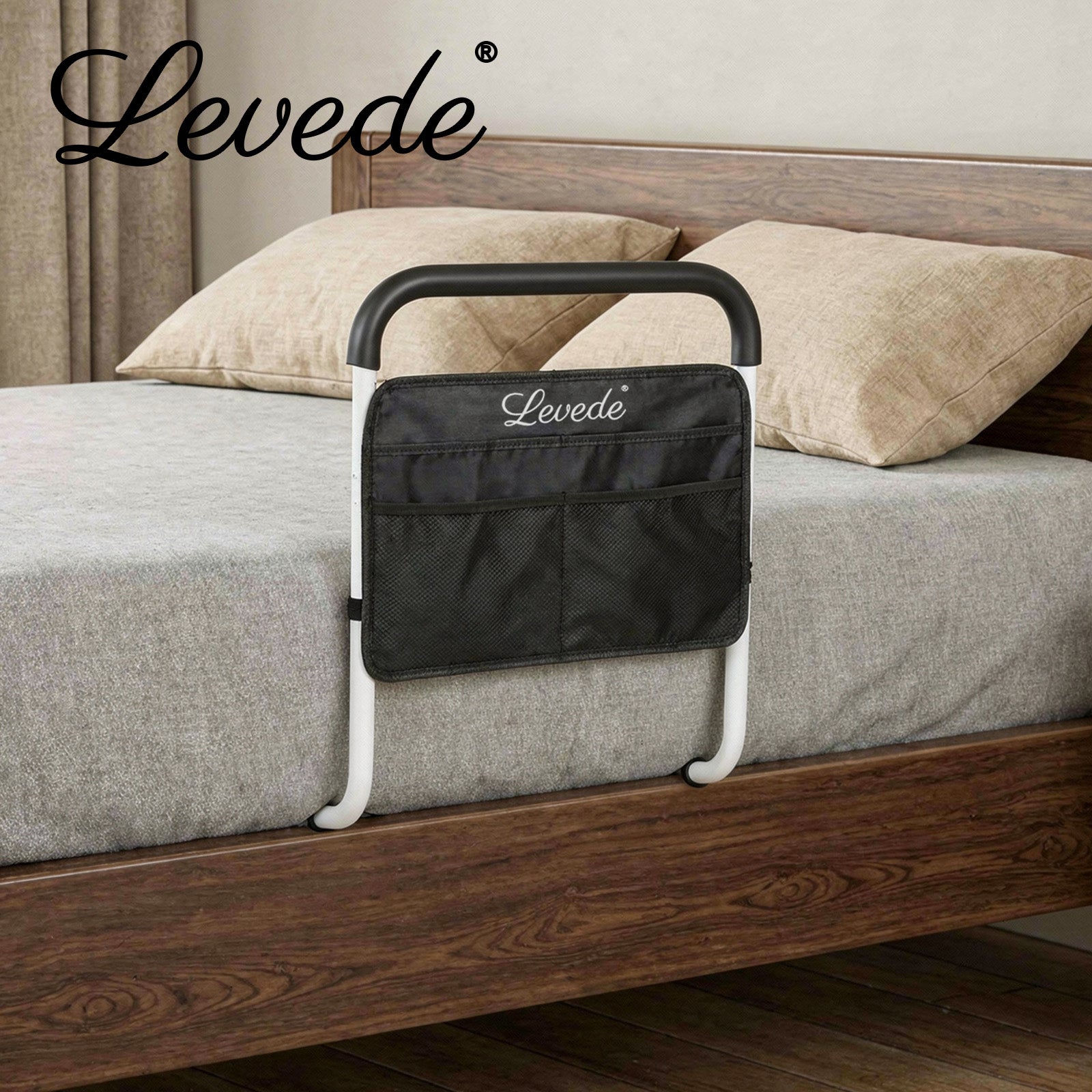Bed Rails Adjustable Storage Pocket Assist Support Side Railings | White & Black