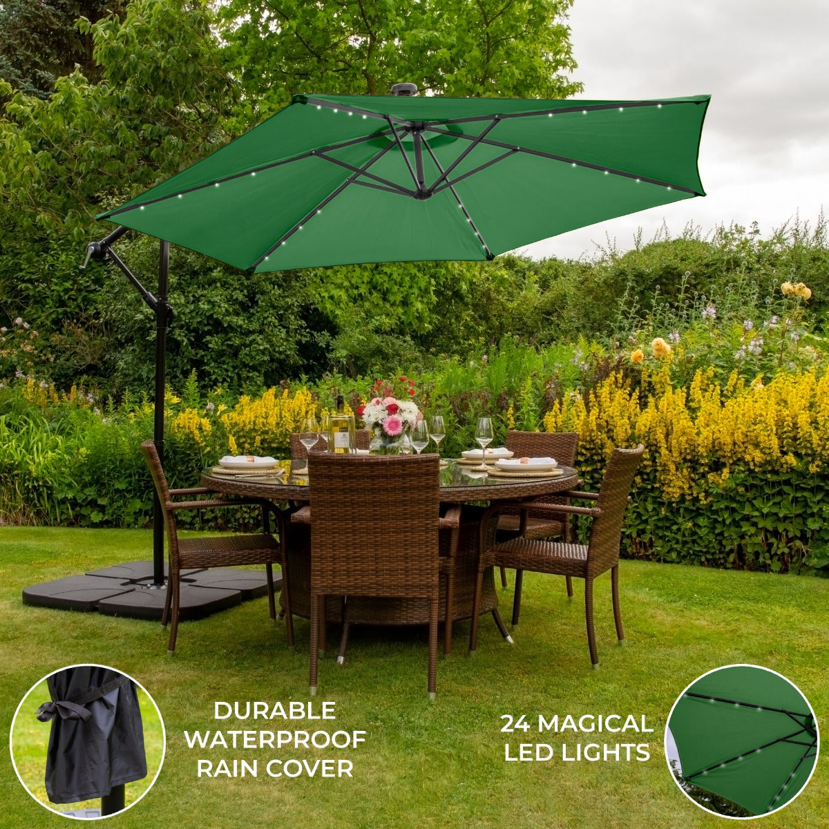 3m Led Cantilever Parasol & Plain Base | Green