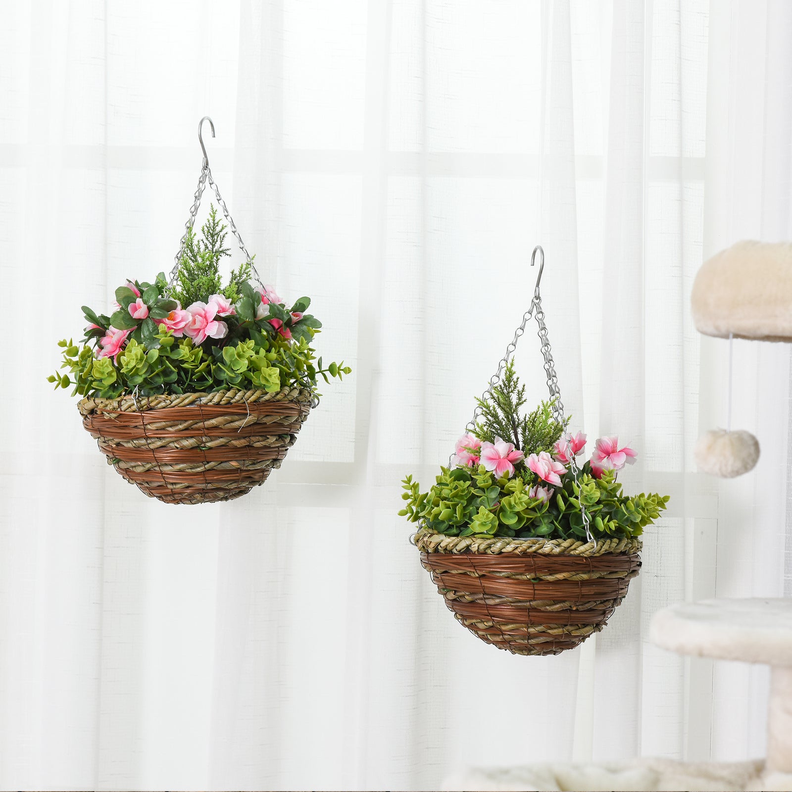 2 Pcs 34cm Artificial Lisianthus Flower Hanging Basket | Set-of-2 | Pink