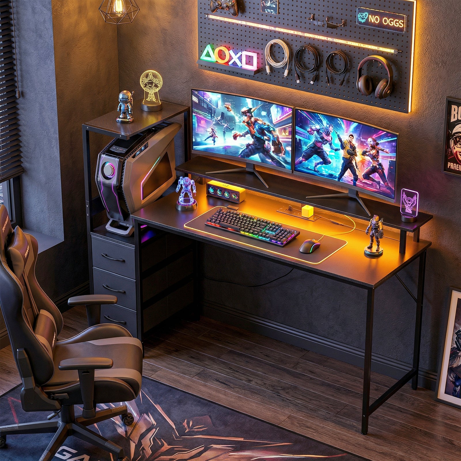 147cm Gaming Desk With Charging Station And Rgb Lights | Black