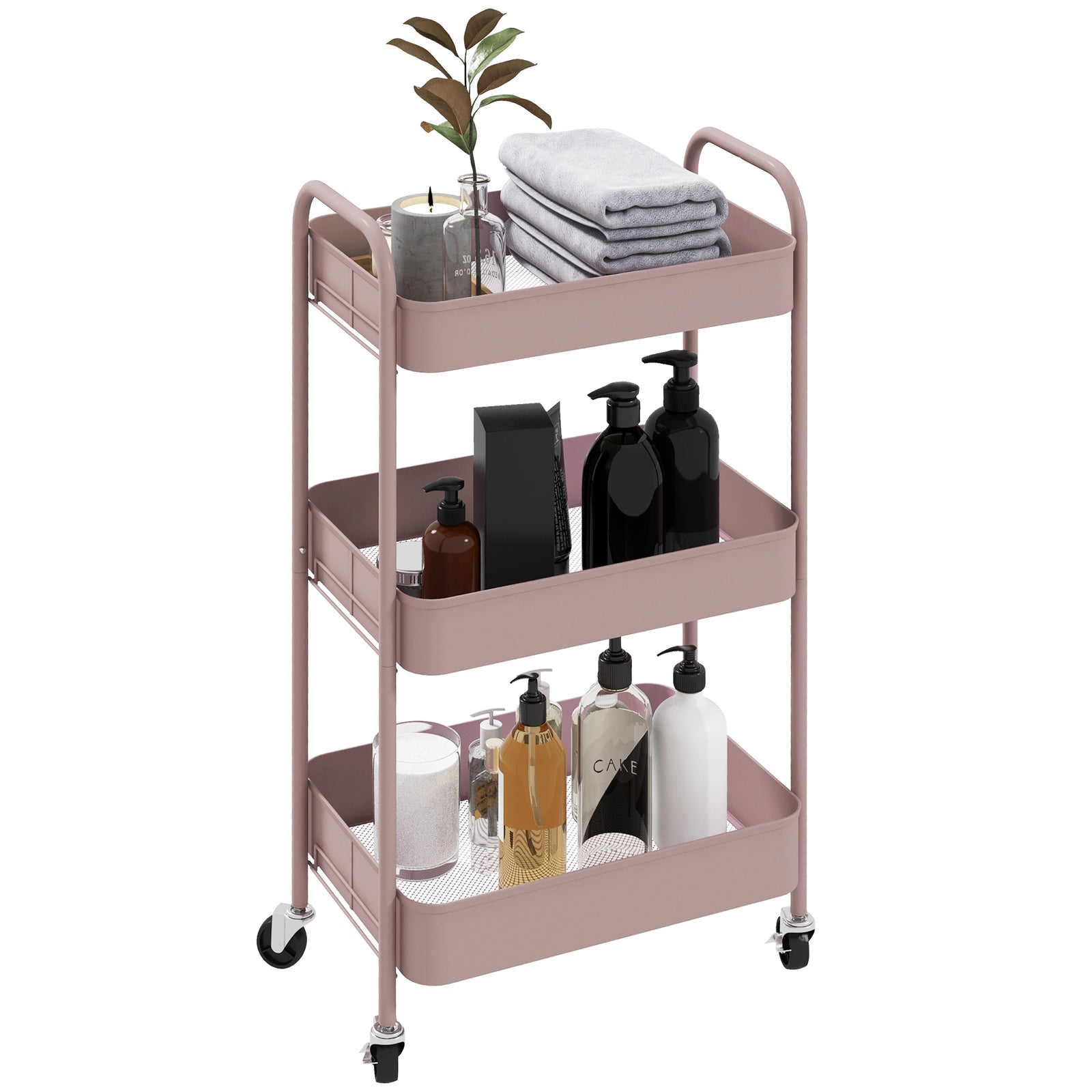 3 Tier Rolling Utility Cart With 3 Mesh Basket | One Size | Pink