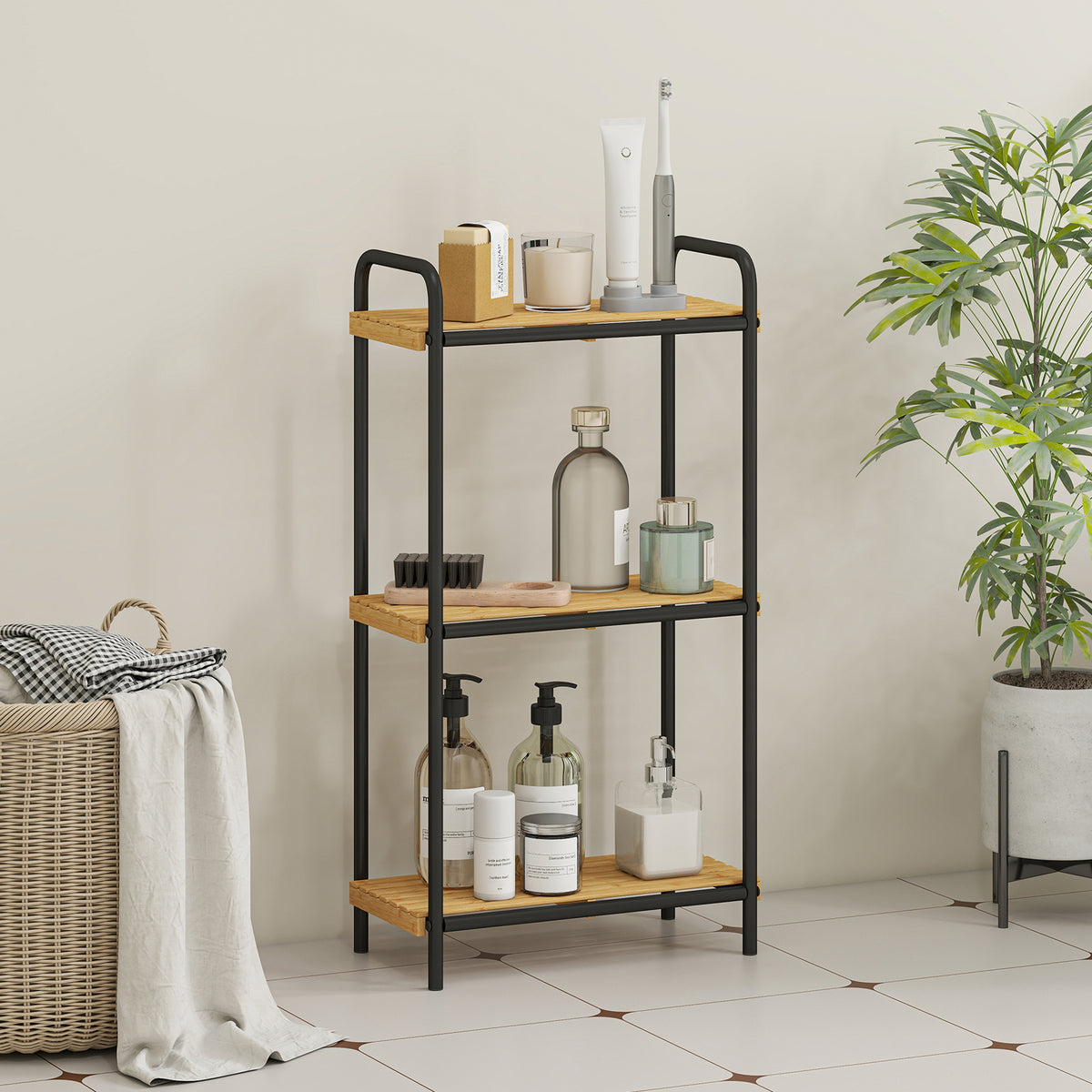 Bamboo Bathroom Shelf, Freestanding Shelving Unit | 3 Tier | Natural