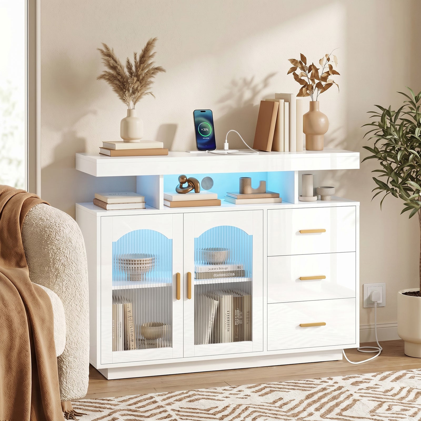High Gloss Sideboard With Led Lights, Power Outlets, Drawers | White