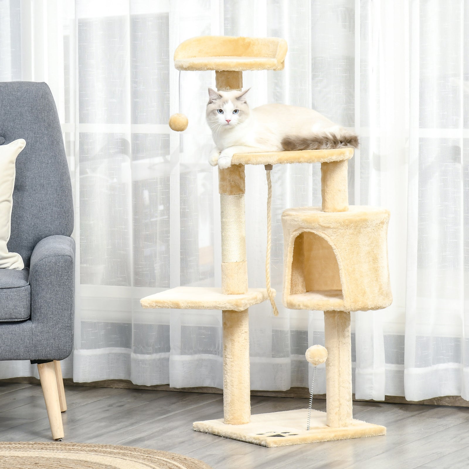 Cat Tree Activity Centre Scratching Post With Toys 4-tier Beige 114cm