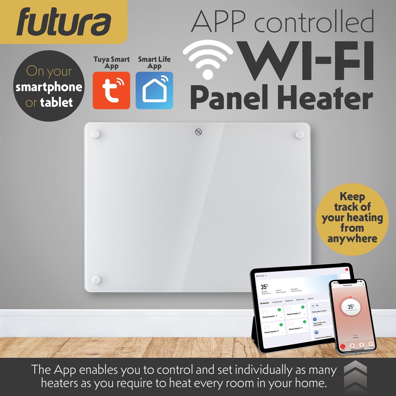 Electric Wifi Glass Radiator Panel Heater White Wall Mounted Or Floor Standing Bathroom Safe Timer And Thermostat | 1000w | White