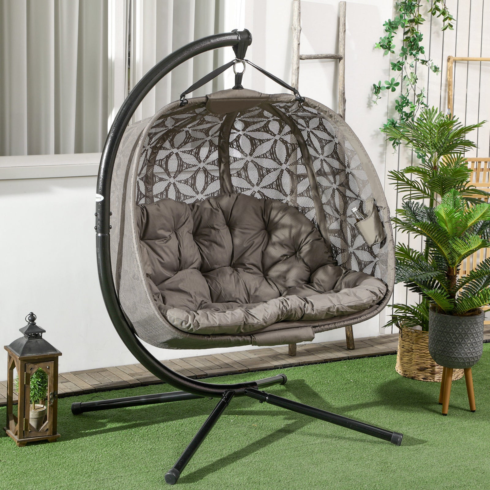 Double Hanging Chair W/ Cushion, Foldable Basket & Cupholder
