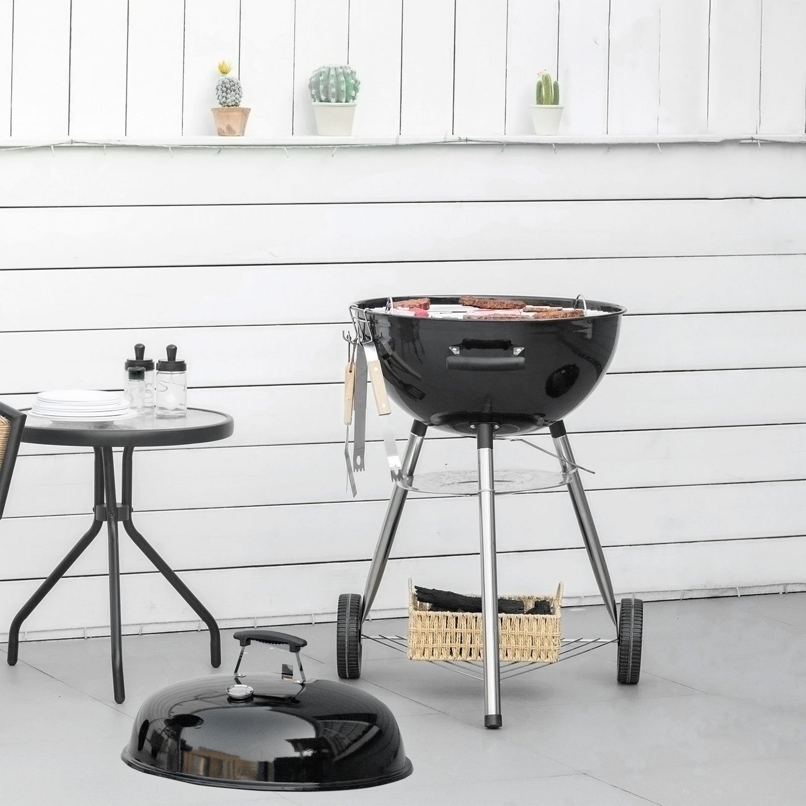 Outsunny Kettle Charcoal Bbq With Thermometer & Shelf