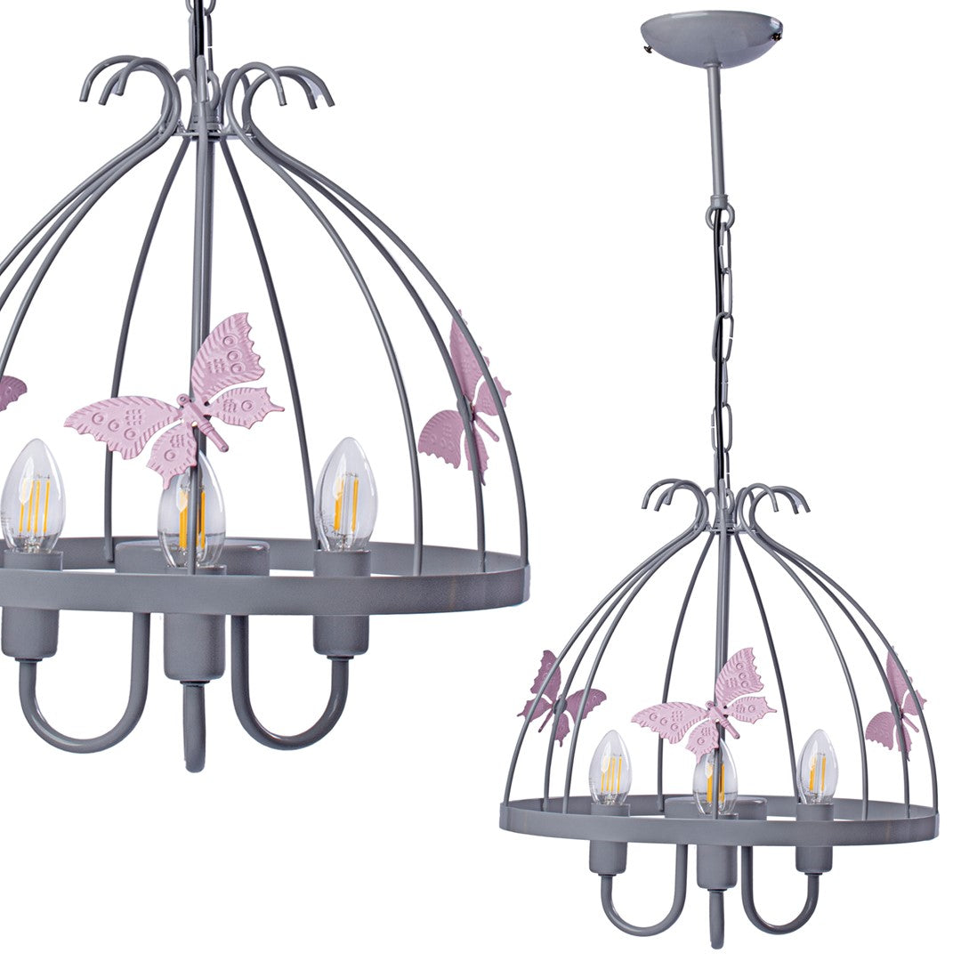 Kago Pink/grey Pendant Lamp Beautiful Hand Made Ceiling Light With A Butterfly Theme In Modern Grey And Baby Pink