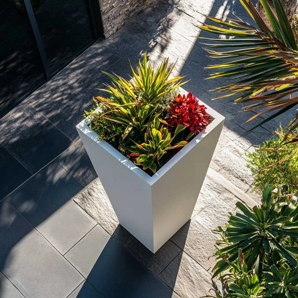 Zinc Galvanised Tall Flared Tapered Square Planter | 40cm x 40cm x 90cm | White