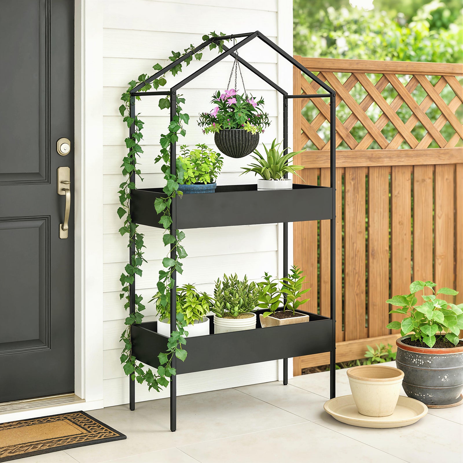 Outsunny 2 Tier Plant Stand, Outdoor Indoor Metal Plant Stand With Hook