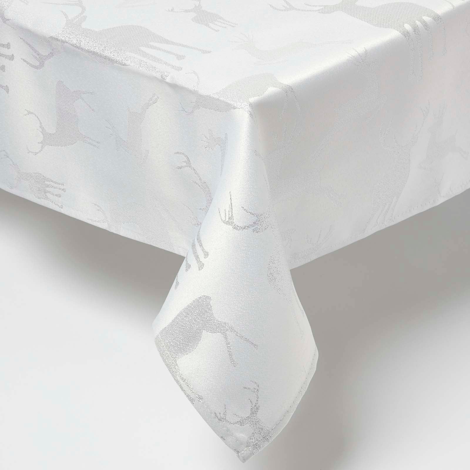 Sparkling Stag Pattern Christmas Table Cloth | 132 x 229cm | Silver