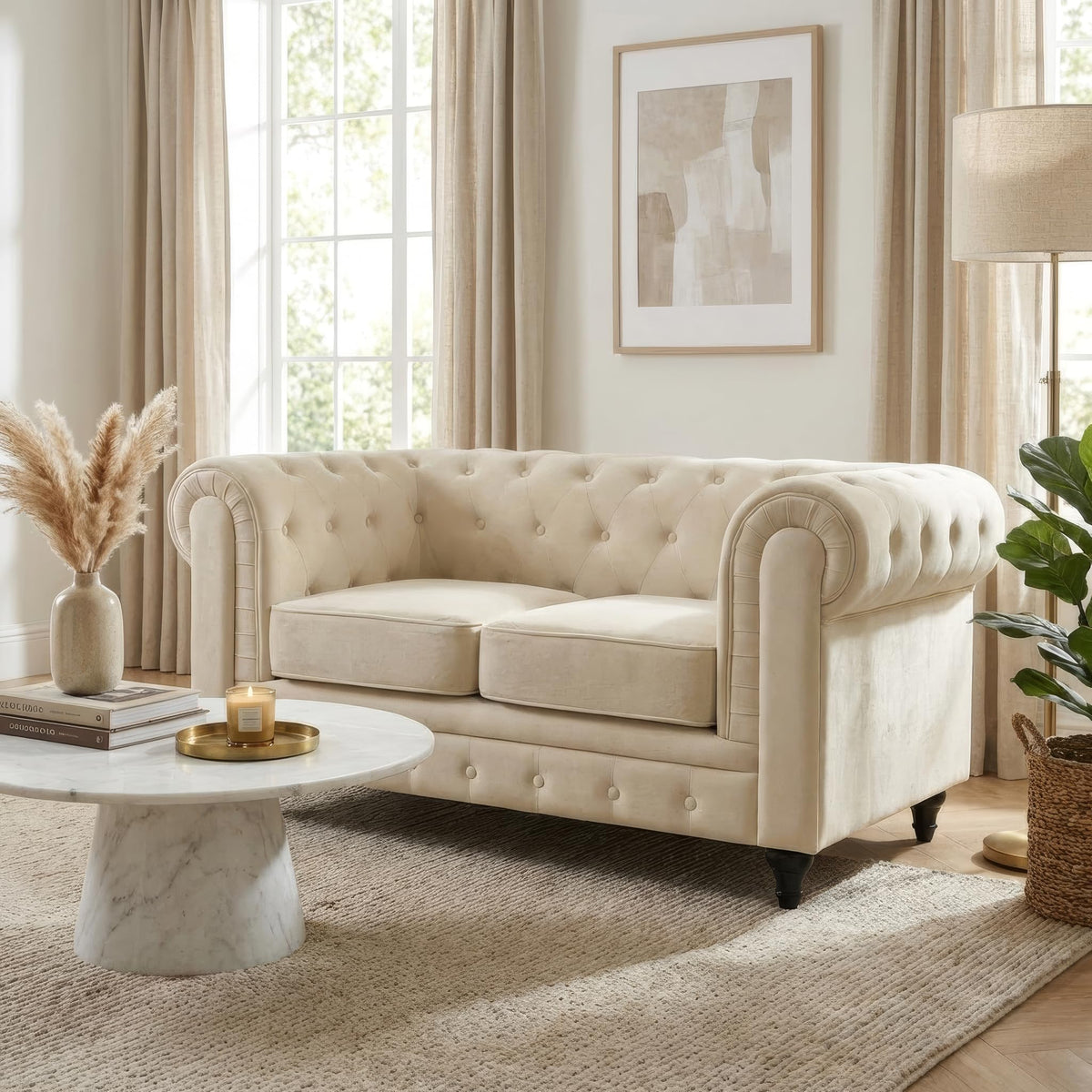 Chesterfield Scroll Arm Velvet Sofa 2 Seater | Beige